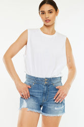 Kancan Full Size High Rise Raw Hem Denim Shorts for Women - Trendy Summer Fashion